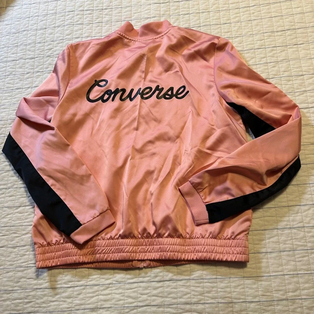 Converse All Star Kids XL Pink Satin Bomber Track Jacket Full Zip Black Stripe